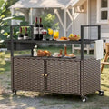 Tavolo Carrello Portagrill da Esterno in Rattan Marrone/Grigio con Ruote