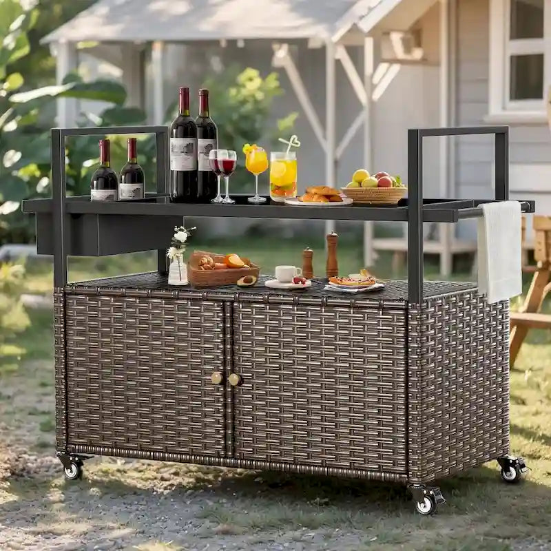 Tavolo Carrello Portagrill da Esterno in Rattan Marrone/Grigio con Ruote