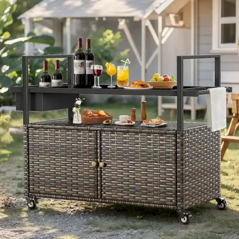 Tavolo Carrello Portagrill da Esterno in Rattan Marrone/Grigio con Ruote