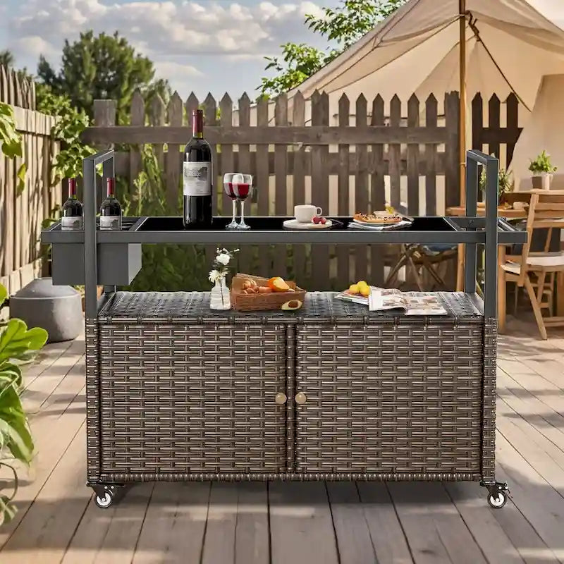 Tavolo Carrello Portagrill da Esterno in Rattan Marrone/Grigio con Ruote