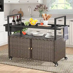 Tavolo Carrello Portagrill da Esterno in Rattan Marrone/Grigio con Ruote