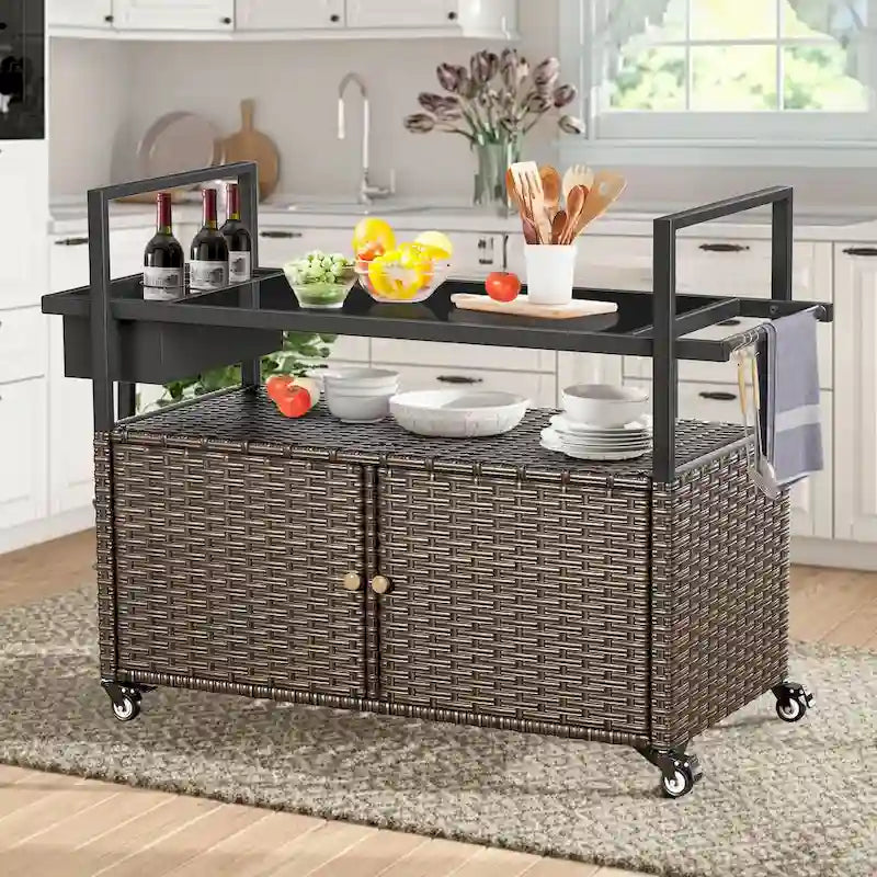 Tavolo Carrello Portagrill da Esterno in Rattan Marrone/Grigio con Ruote