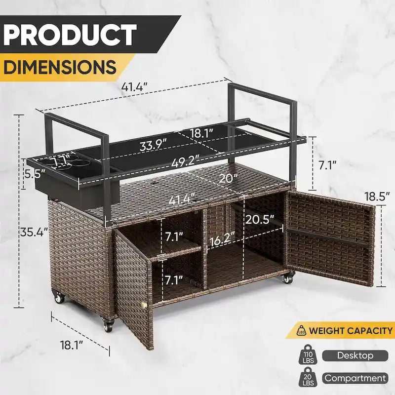 Tavolo Carrello Portagrill da Esterno in Rattan Marrone/Grigio con Ruote
