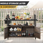 Tavolo Carrello Portagrill da Esterno in Rattan Marrone/Grigio con Ruote