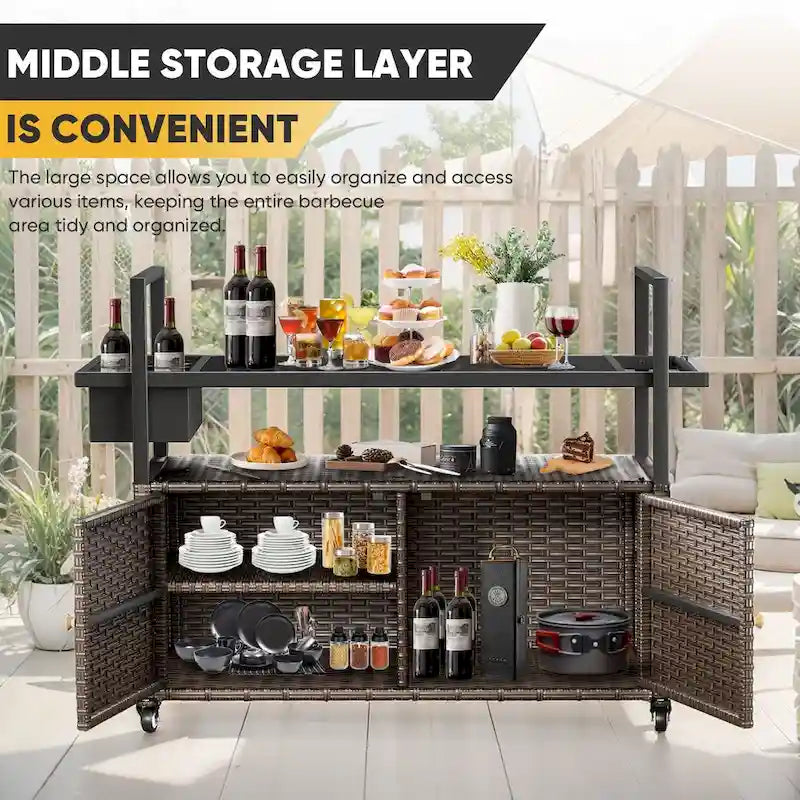 Tavolo Carrello Portagrill da Esterno in Rattan Marrone/Grigio con Ruote