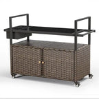 Tavolo Carrello Portagrill da Esterno in Rattan Marrone/Grigio con Ruote