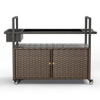 Tavolo Carrello Portagrill da Esterno in Rattan Marrone/Grigio con Ruote