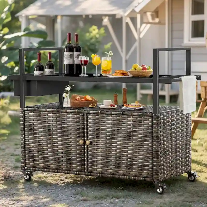 Tavolo Carrello Portagrill da Esterno in Rattan Marrone/Grigio con Ruote