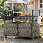 Tavolo Carrello Portagrill da Esterno in Rattan Marrone/Grigio con Ruote