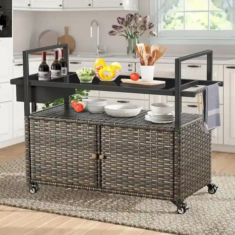 Tavolo Carrello Portagrill da Esterno in Rattan Marrone/Grigio con Ruote