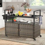 Tavolo Carrello Portagrill da Esterno in Rattan Marrone/Grigio con Ruote