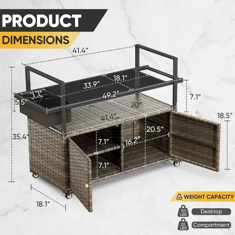 Tavolo Carrello Portagrill da Esterno in Rattan Marrone/Grigio con Ruote