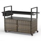 Tavolo Carrello Portagrill da Esterno in Rattan Marrone/Grigio con Ruote