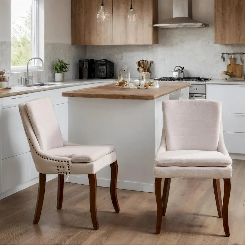 Sedia da pranzo imbottita, tessuto ciniglia, gambe in legno massello, set da 2 (Beige/Blu/Grigio)