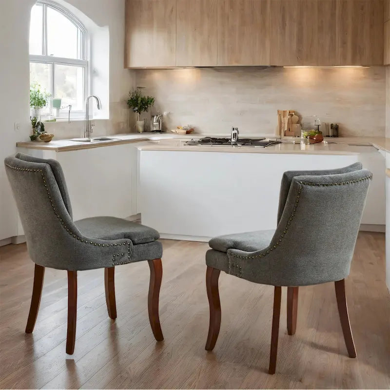 Sedia da pranzo imbottita, tessuto ciniglia, gambe in legno massello, set da 2 (Beige/Blu/Grigio)