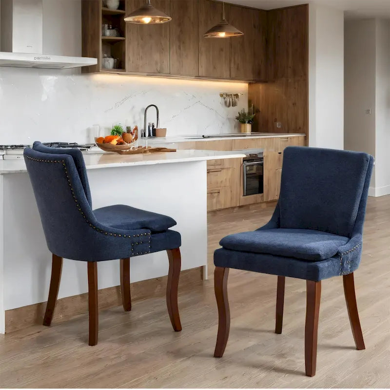 Sedia da pranzo imbottita, tessuto ciniglia, gambe in legno massello, set da 2 (Beige/Blu/Grigio)
