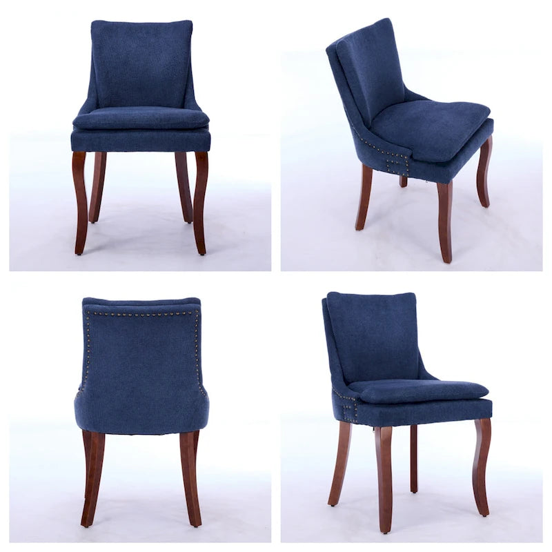 Sedia da pranzo imbottita, tessuto ciniglia, gambe in legno massello, set da 2 (Beige/Blu/Grigio)