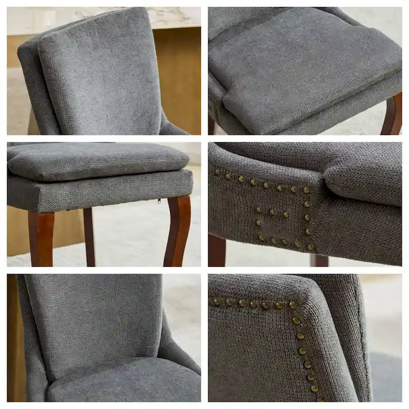 Sedia da pranzo imbottita, tessuto ciniglia, gambe in legno massello, set da 2 (Beige/Blu/Grigio)