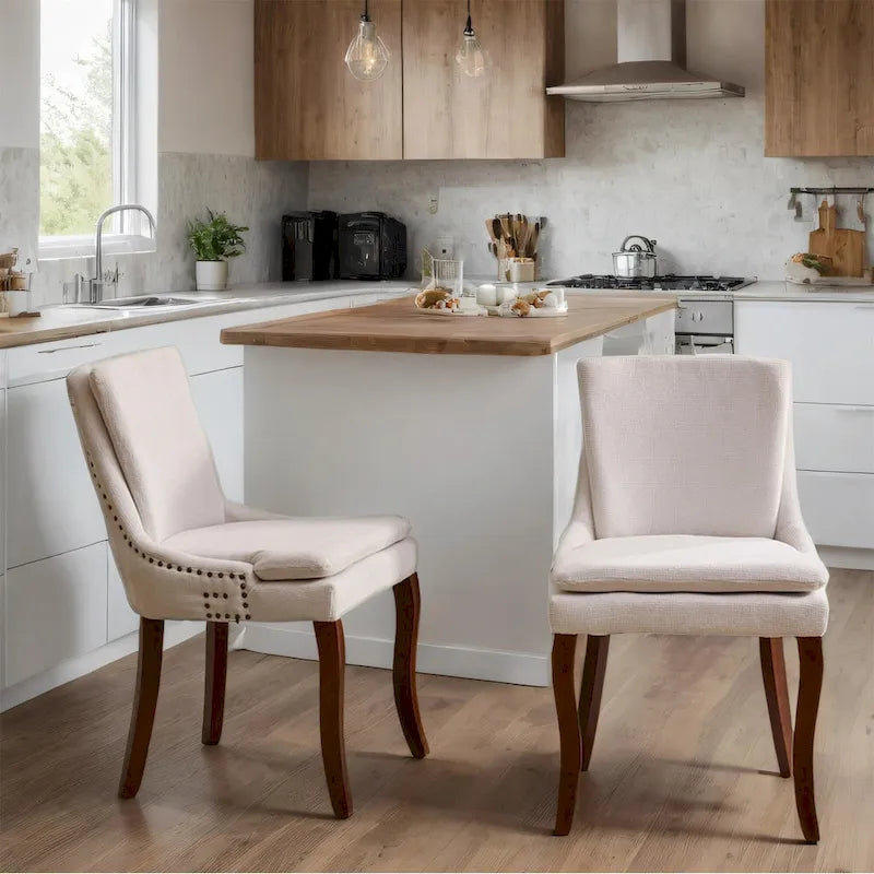 Sedia da pranzo imbottita, tessuto ciniglia, gambe in legno massello, set da 2 (Beige/Blu/Grigio)