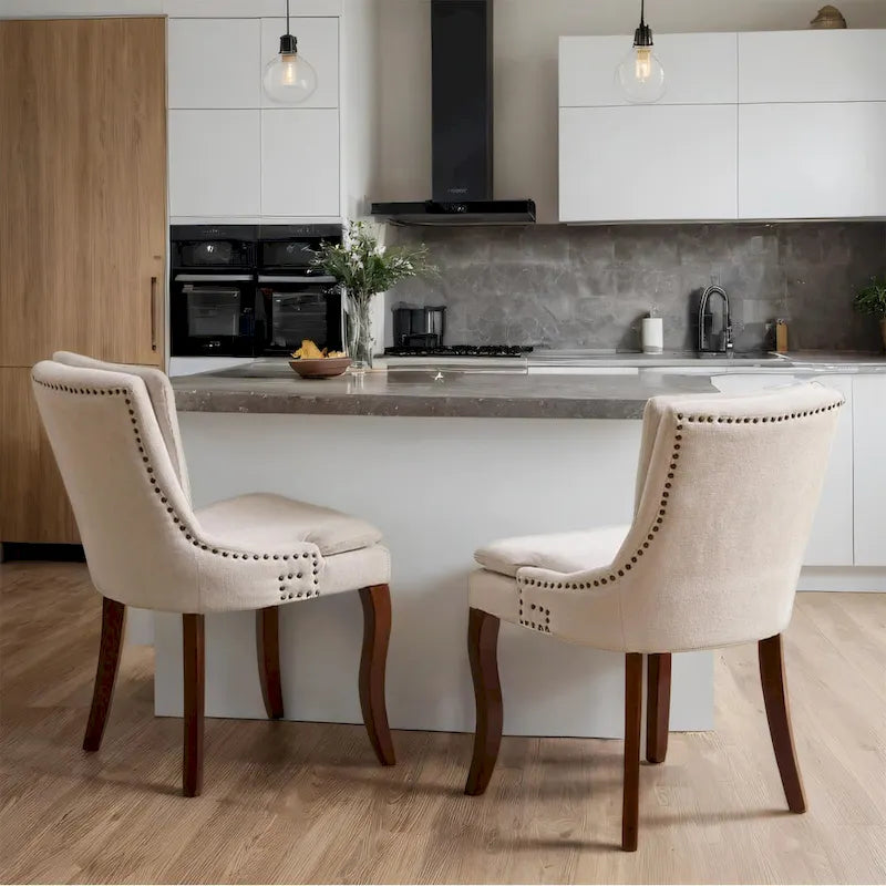 Sedia da pranzo imbottita, tessuto ciniglia, gambe in legno massello, set da 2 (Beige/Blu/Grigio)