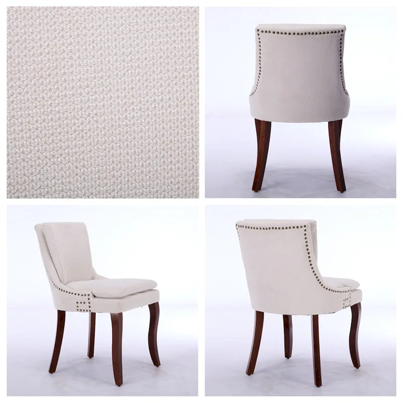 Sedia da pranzo imbottita, tessuto ciniglia, gambe in legno massello, set da 2 (Beige/Blu/Grigio)
