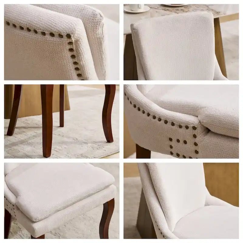 Sedia da pranzo imbottita, tessuto ciniglia, gambe in legno massello, set da 2 (Beige/Blu/Grigio)