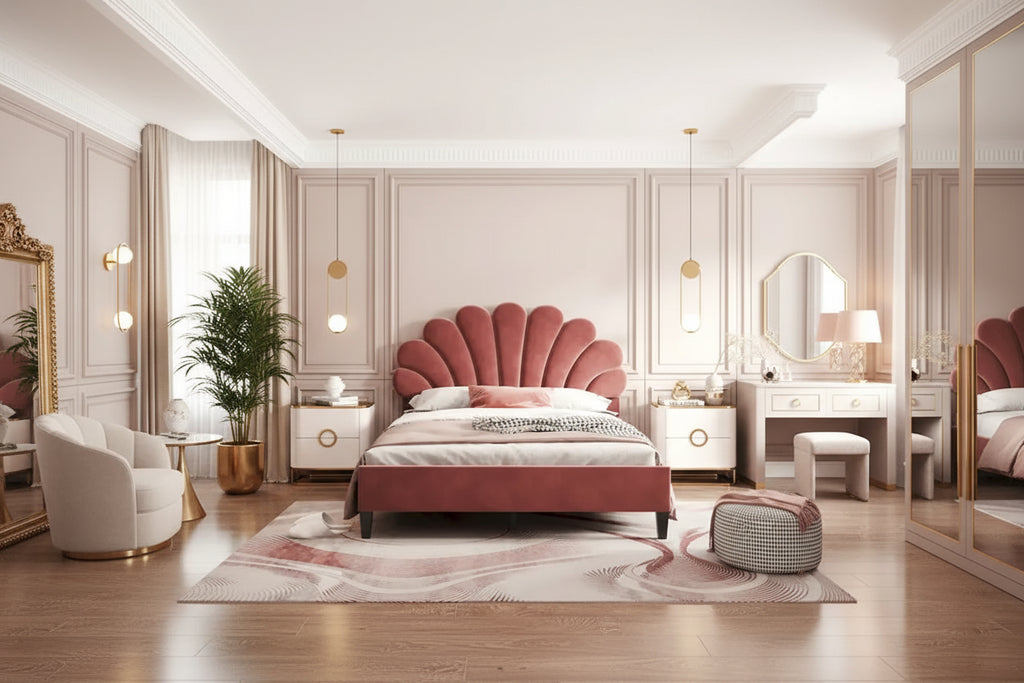 Letto a piattaforma imbottito in velluto rosso a grandezza naturale, testiera con motivo floreale, per 1