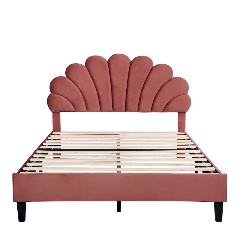 Letto a piattaforma imbottito in velluto rosso a grandezza naturale, testiera con motivo floreale, per 1