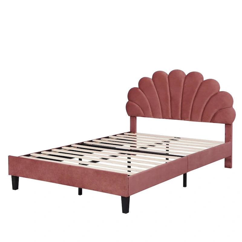 Letto a piattaforma imbottito in velluto rosso a grandezza naturale, testiera con motivo floreale, per 1