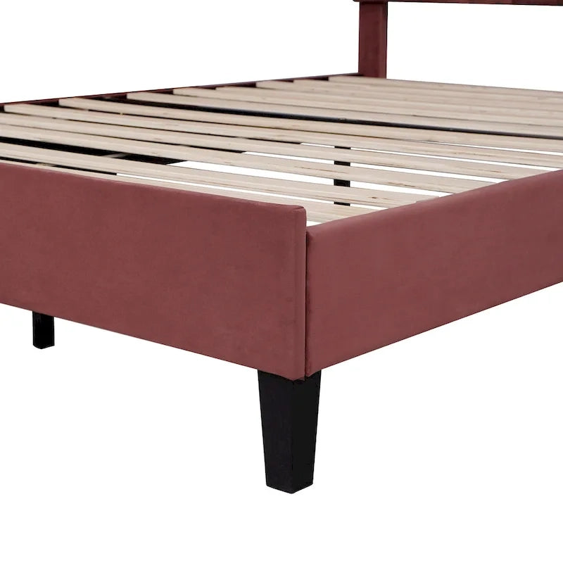 Letto a piattaforma imbottito in velluto rosso a grandezza naturale, testiera con motivo floreale, per 1