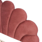 Letto a piattaforma imbottito in velluto rosso a grandezza naturale, testiera con motivo floreale, per 1