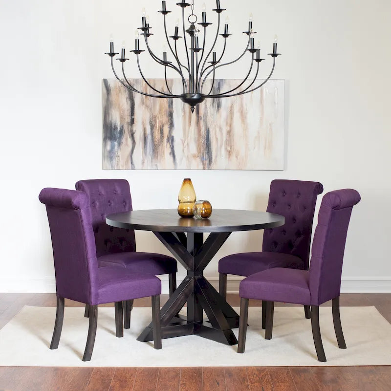 Set tavolo da pranzo rotondo blu/beige/nero/viola, sedie trapuntate, 4 posti