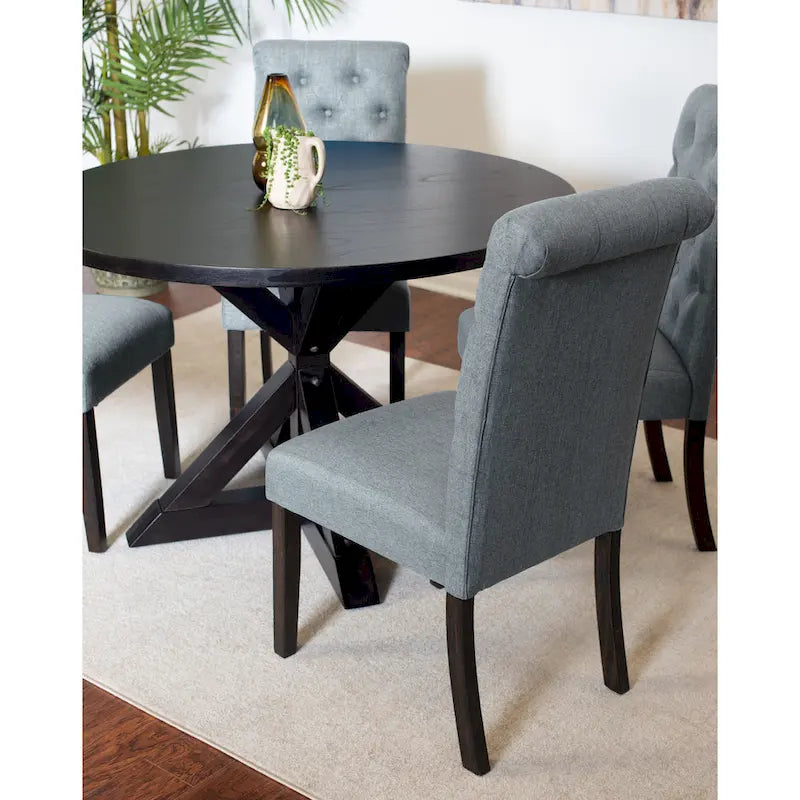 Set tavolo da pranzo rotondo blu/beige/nero/viola, sedie trapuntate, 4 posti