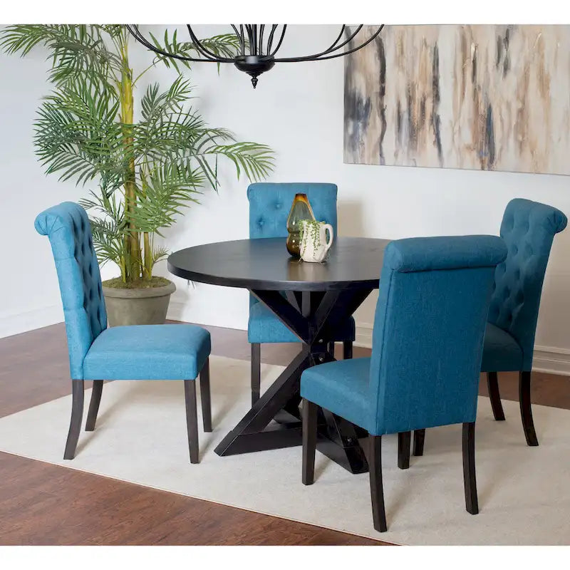 Set tavolo da pranzo rotondo blu/beige/nero/viola, sedie trapuntate, 4 posti