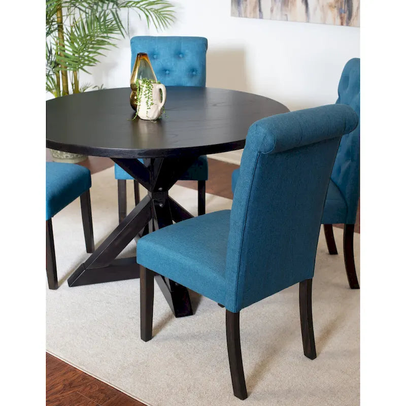 Set tavolo da pranzo rotondo blu/beige/nero/viola, sedie trapuntate, 4 posti