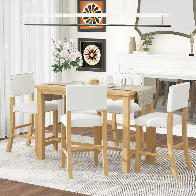 Set da pranzo a 5 pezzi in legno naturale lavato, altezza bancone, per 4 persone