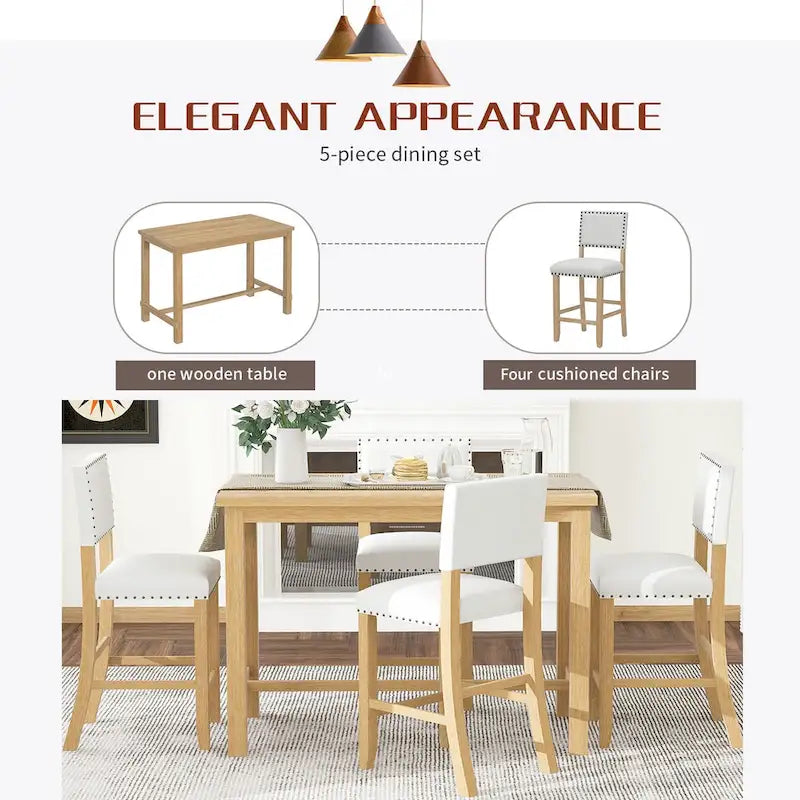 Set da pranzo a 5 pezzi in legno naturale lavato, altezza bancone, per 4 persone