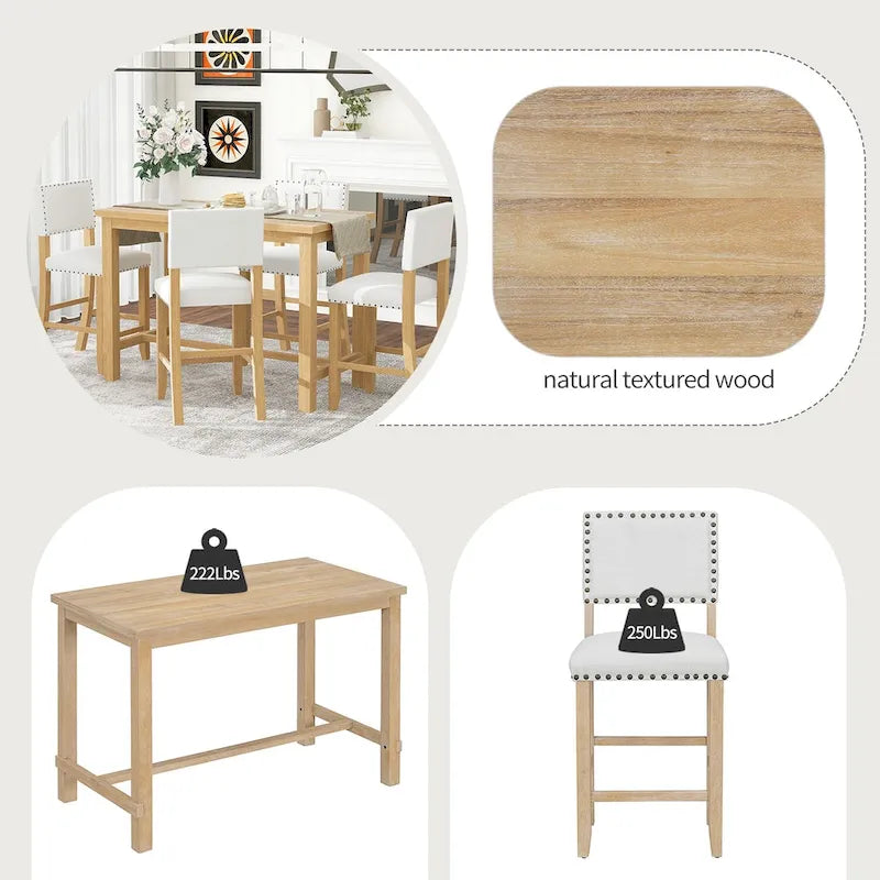 Set da pranzo a 5 pezzi in legno naturale lavato, altezza bancone, per 4 persone