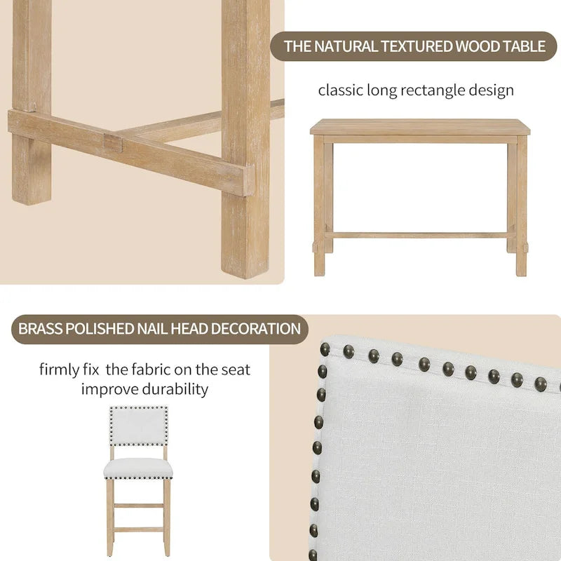 Set da pranzo a 5 pezzi in legno naturale lavato, altezza bancone, per 4 persone