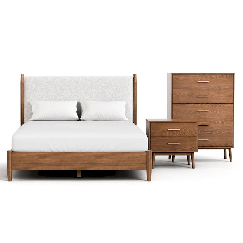 Set letto a piattaforma in 3 pezzi in bouclé noce e beige – Queen / King