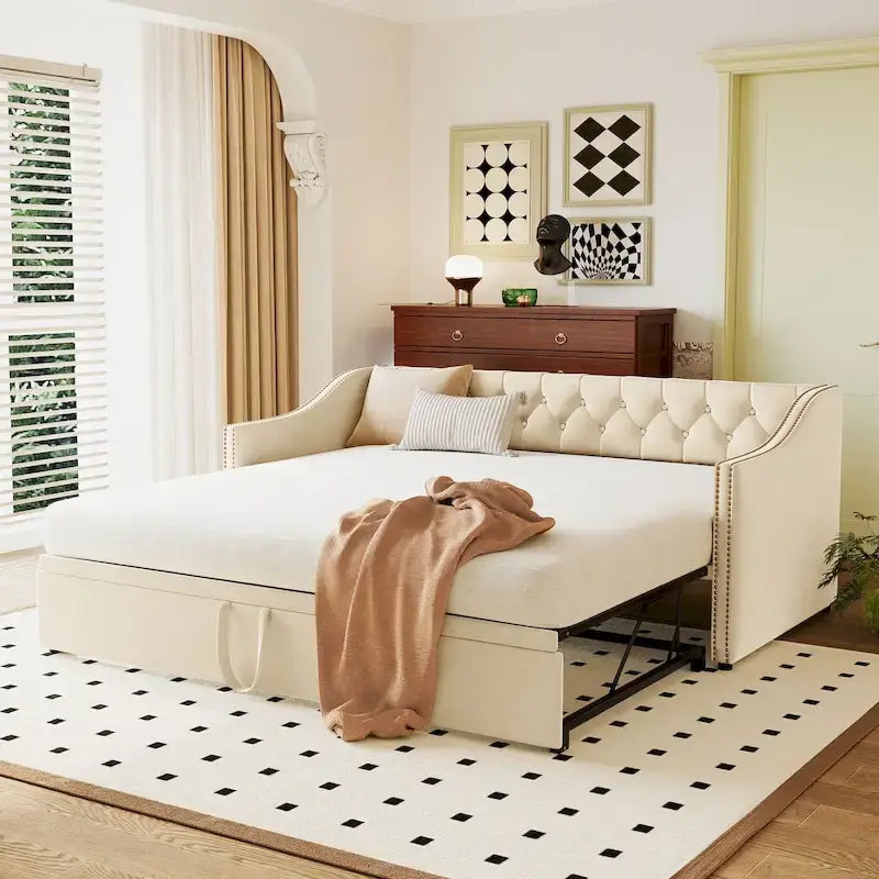 Daybed in velluto con letto estraibile a scomparsa – Grigio / Rosa / Beige, 1-2 posti letto