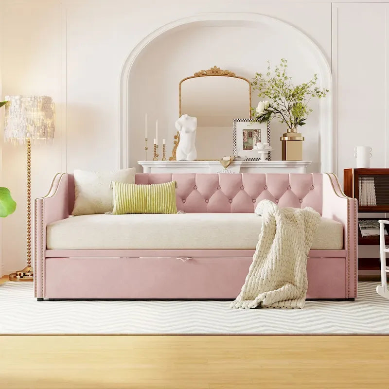 Daybed in velluto con letto estraibile a scomparsa – Grigio / Rosa / Beige, 1-2 posti letto