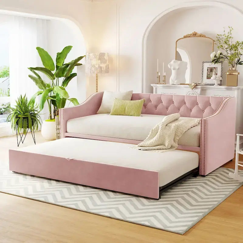 Daybed in velluto con letto estraibile a scomparsa – Grigio / Rosa / Beige, 1-2 posti letto