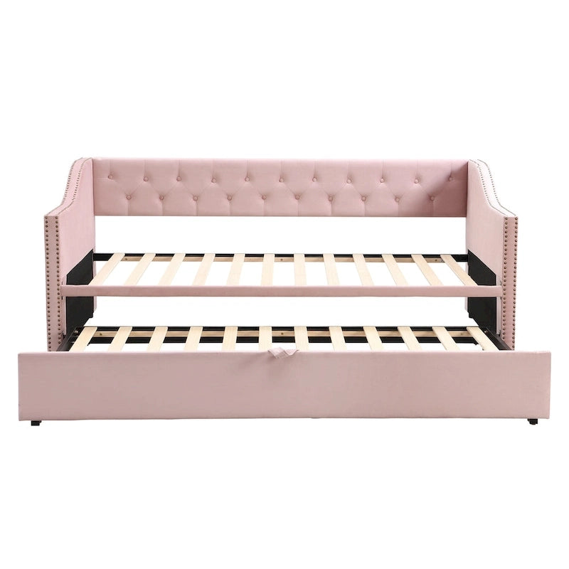 Daybed in velluto con letto estraibile a scomparsa – Grigio / Rosa / Beige, 1-2 posti letto