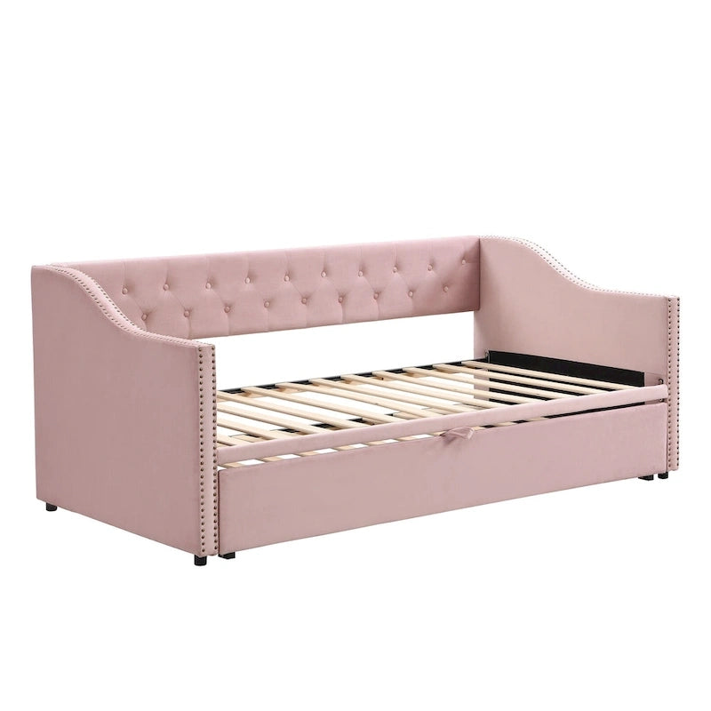 Daybed in velluto con letto estraibile a scomparsa – Grigio / Rosa / Beige, 1-2 posti letto
