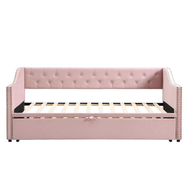 Daybed in velluto con letto estraibile a scomparsa – Grigio / Rosa / Beige, 1-2 posti letto