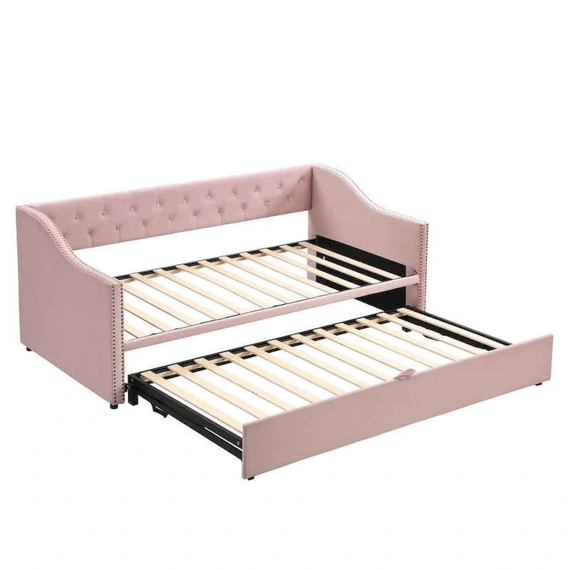 Daybed in velluto con letto estraibile a scomparsa – Grigio / Rosa / Beige, 1-2 posti letto