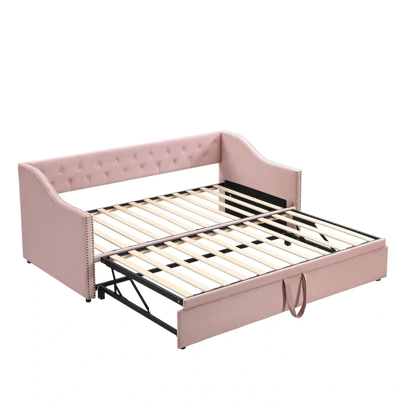 Daybed in velluto con letto estraibile a scomparsa – Grigio / Rosa / Beige, 1-2 posti letto