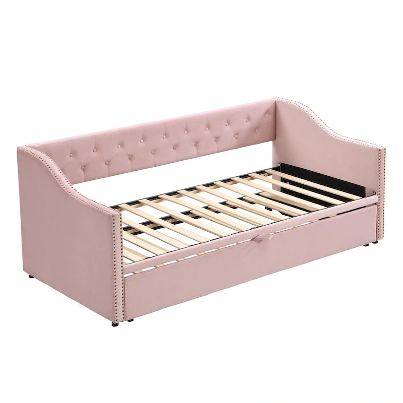 Daybed in velluto con letto estraibile a scomparsa – Grigio / Rosa / Beige, 1-2 posti letto
