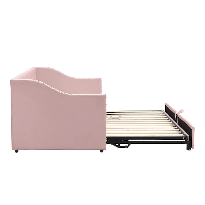 Daybed in velluto con letto estraibile a scomparsa – Grigio / Rosa / Beige, 1-2 posti letto